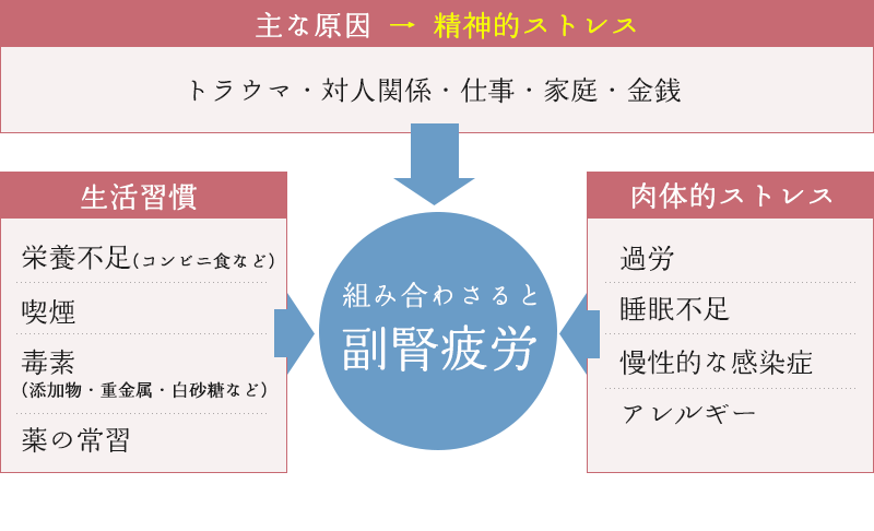 主な原因 → 精神的ストレス トラウマ・対人関係・仕事・家庭・金銭 生活習慣 栄養不足 (コンビニ食など)・喫煙・毒素 (添加物・重金属・白砂糖など)・薬の常習 肉体的ストレス 過労・睡眠不足・慢性的な感染症・アレルギー 組み合わさると副腎疲労